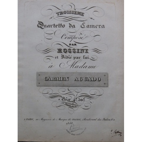 ROSSINI G. Quartetto da Camera No 3 Signature Chant Piano ca1825