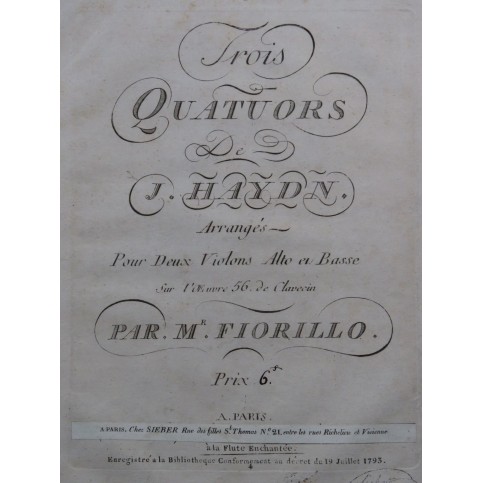 HAYDN Joseph Trois Quatuors op 57 Fiorillo Violons Alto Basse ca1799
