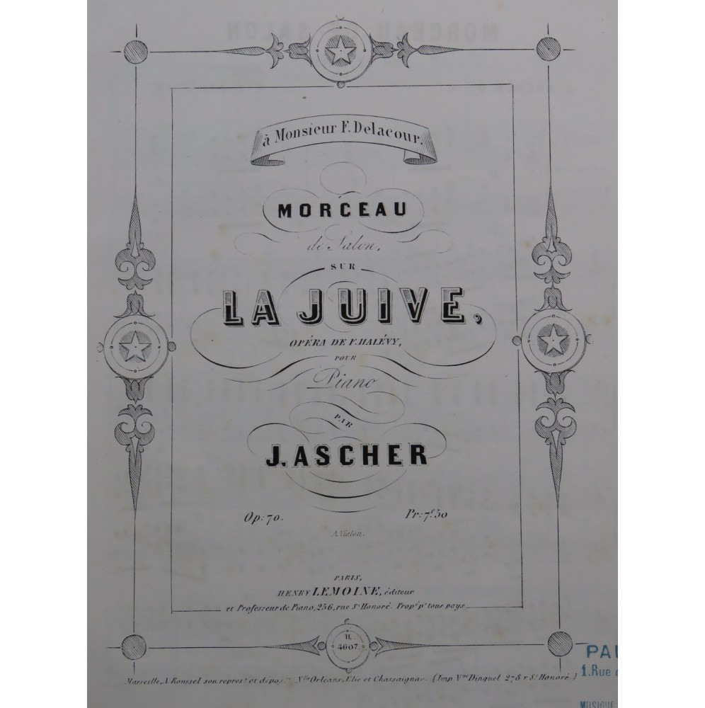 ASCHER Joseph Morceau de Salon sur La Juive op 70 Piano ca1858
