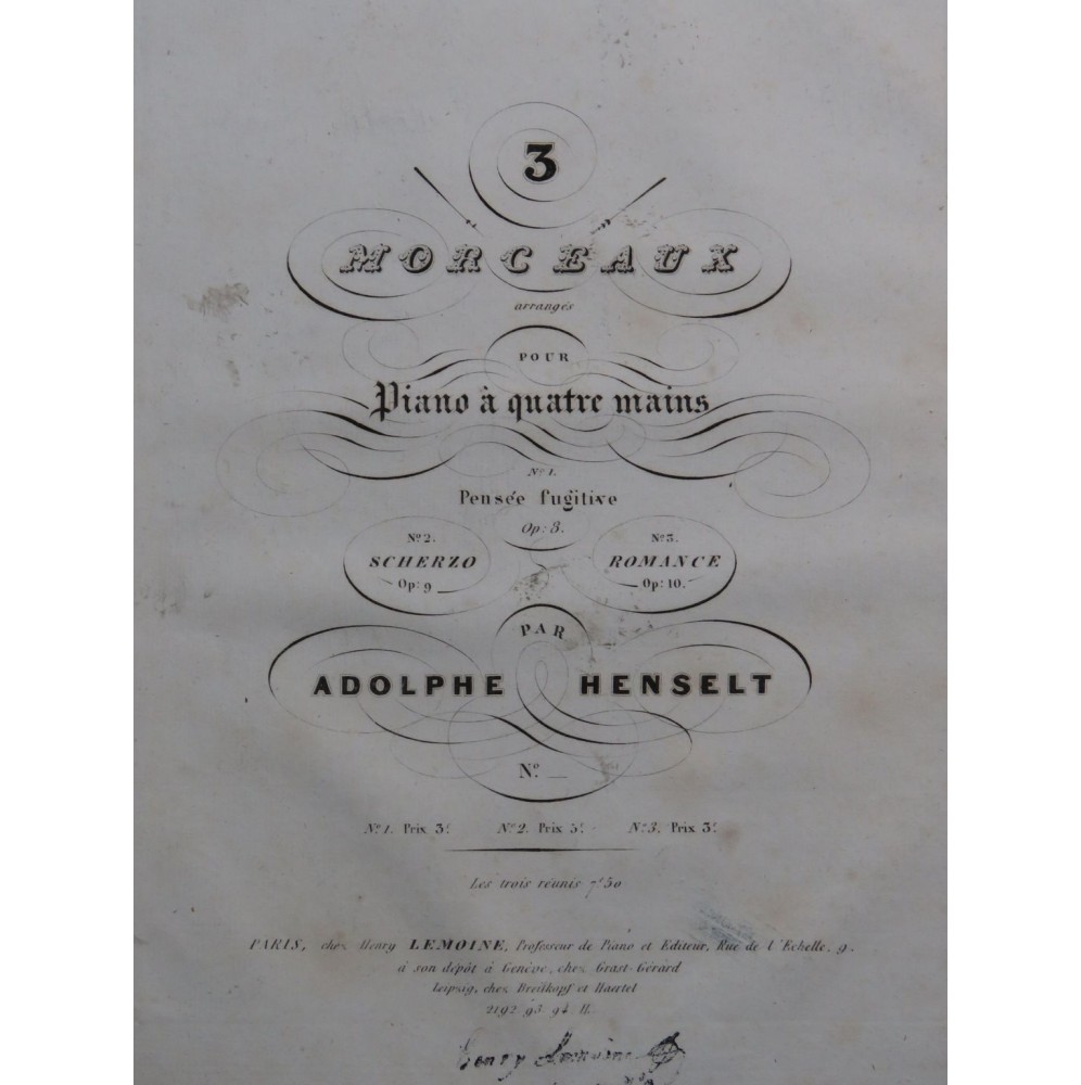 HENSELT Adolphe 3 Morceaux Piano 4 mains ca1840