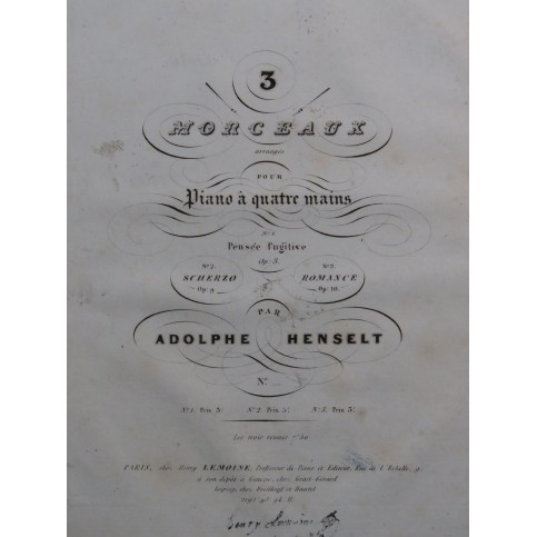 HENSELT Adolphe 3 Morceaux Piano 4 mains ca1840