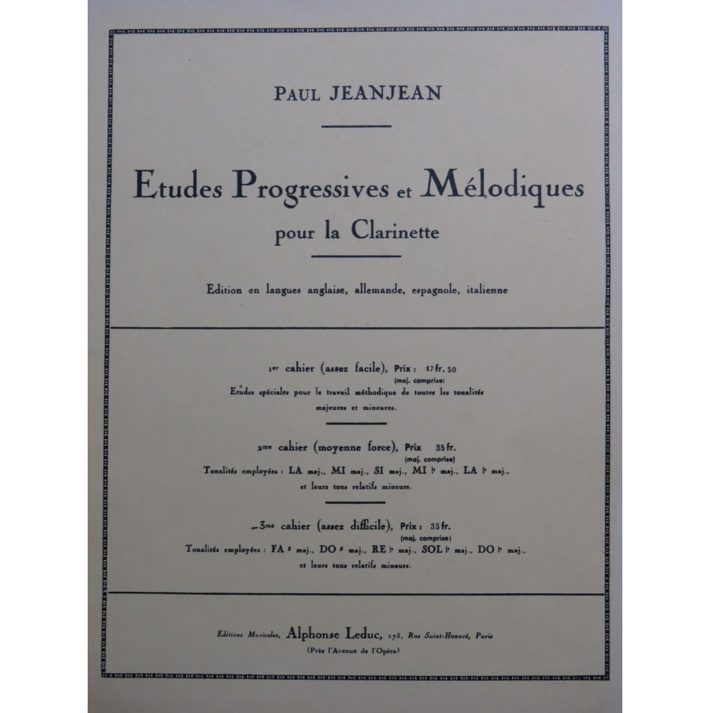 JEANJEAN Paul Etudes Progressives et Mélodiques Clarinette 1965