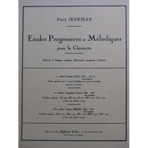 JEANJEAN Paul Etudes Progressives et Mélodiques Clarinette 1965
