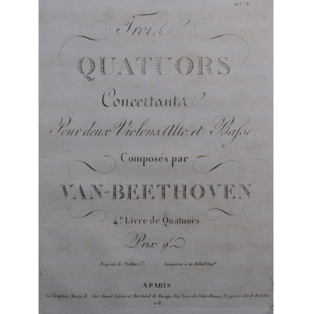 BEETHOVEN Quatuors Concertants Sonates op 2 Violon Alto Violoncelle 1808