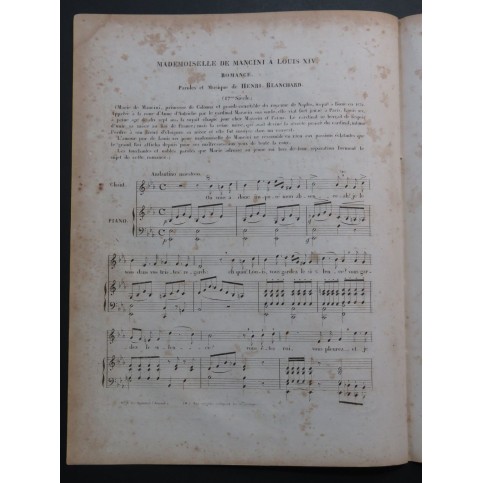 BLANCHARD Henri Mademoiselle de Mancini à Louis XIV Chant Piano ca1845