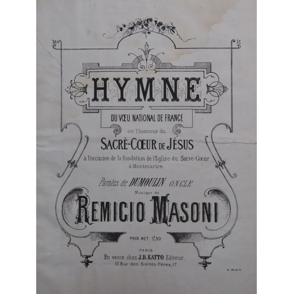 MASONI Remicio Hymne du Voeu National de France Chant Piano ou Orgue XIXe