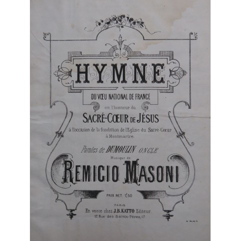 MASONI Remicio Hymne du Voeu National de France Chant Piano ou Orgue XIXe