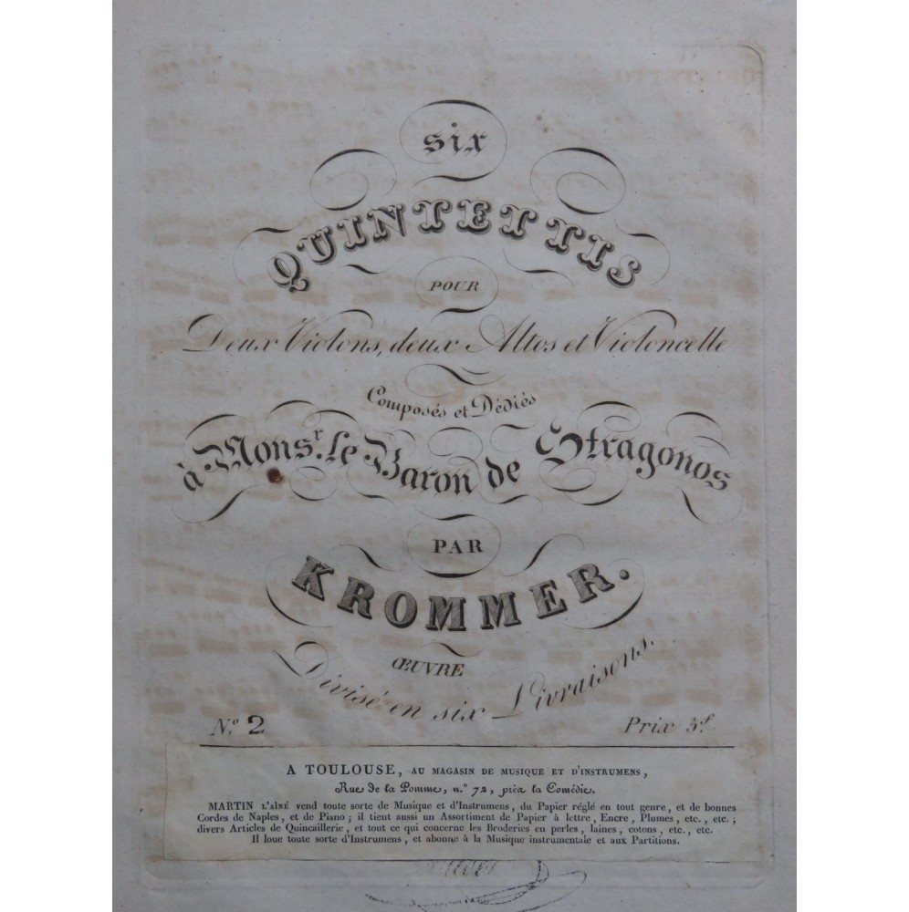 KROMMER Franz Quintette op 8 No 2 Violon Alto Violoncelle ca1797