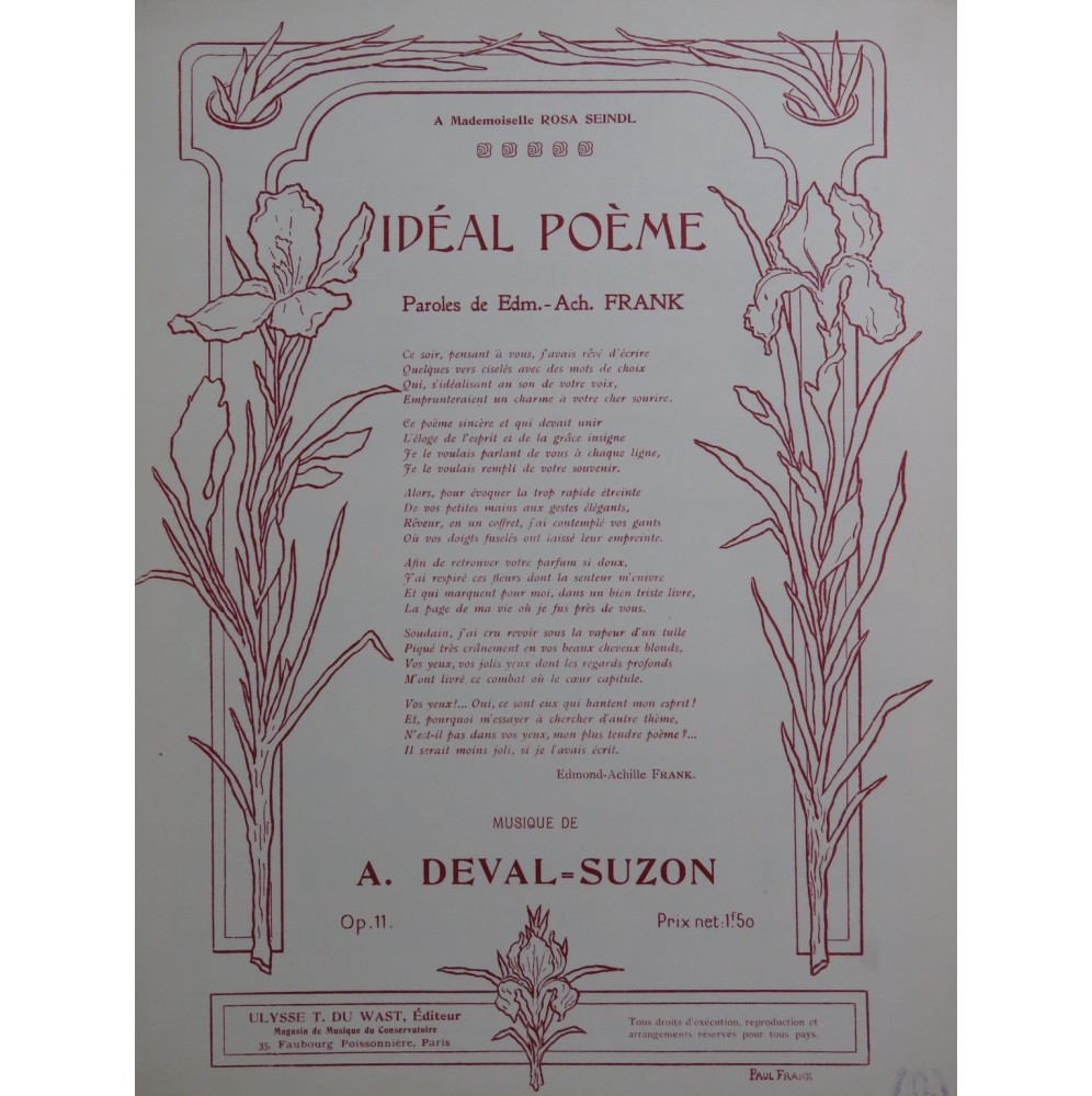 DEVAL-SUZON André Idéal Poème op 11 Dédicace Chant Piano ca1905