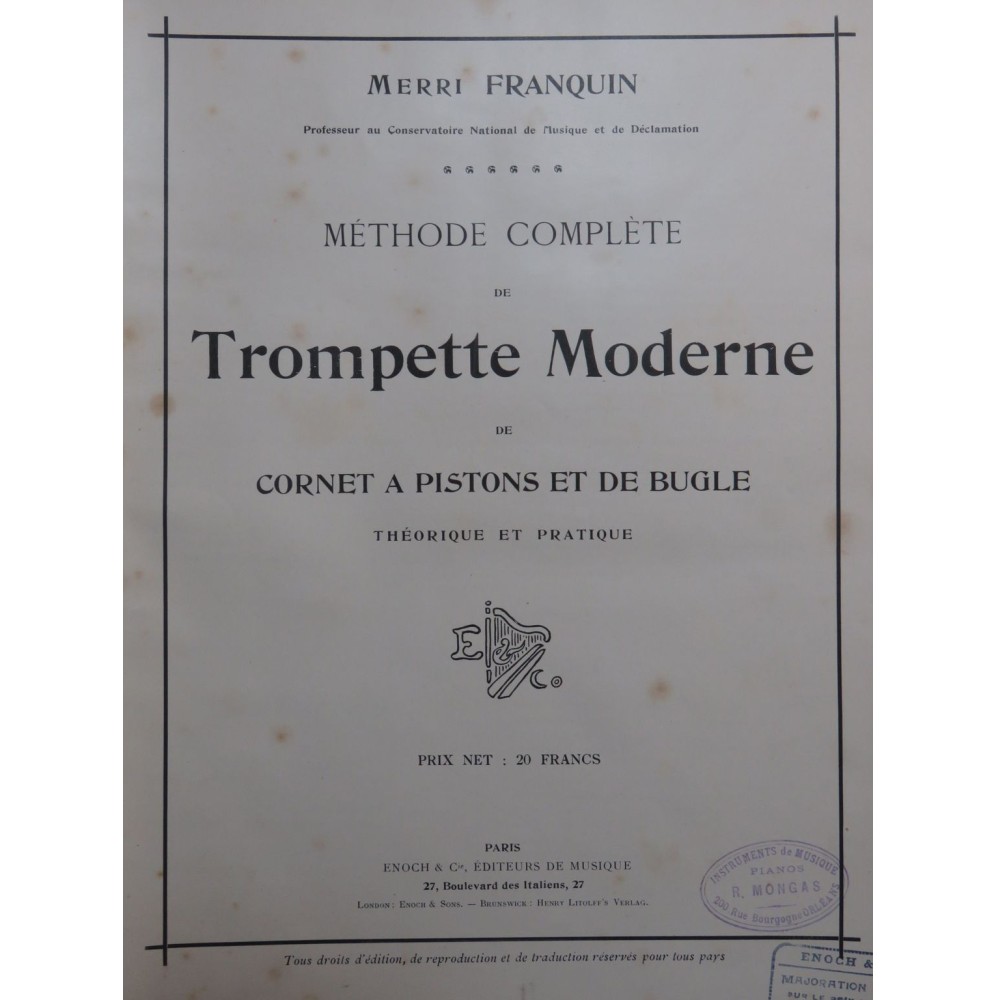 FRANQUIN Merri Méthode Complète Trompette Cornet à Pistons Bugle 1908