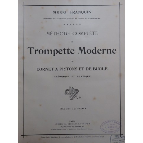 FRANQUIN Merri Méthode Complète Trompette Cornet à Pistons Bugle 1908
