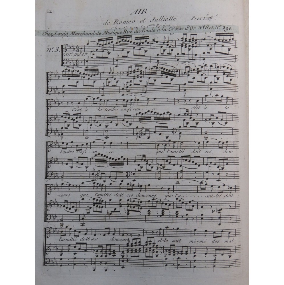 STEIBELT Daniel Romeo et Juliette No 3 Air Chant Piano ca1795