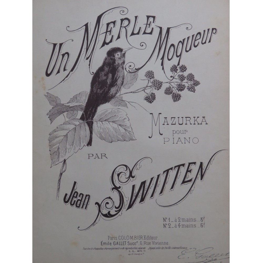 SWITTEN Jean Un Merle Moqueur Piano ca1890
