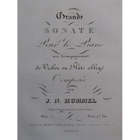 HUMMEL J. N. Grande Sonate op 50 Piano ca1820