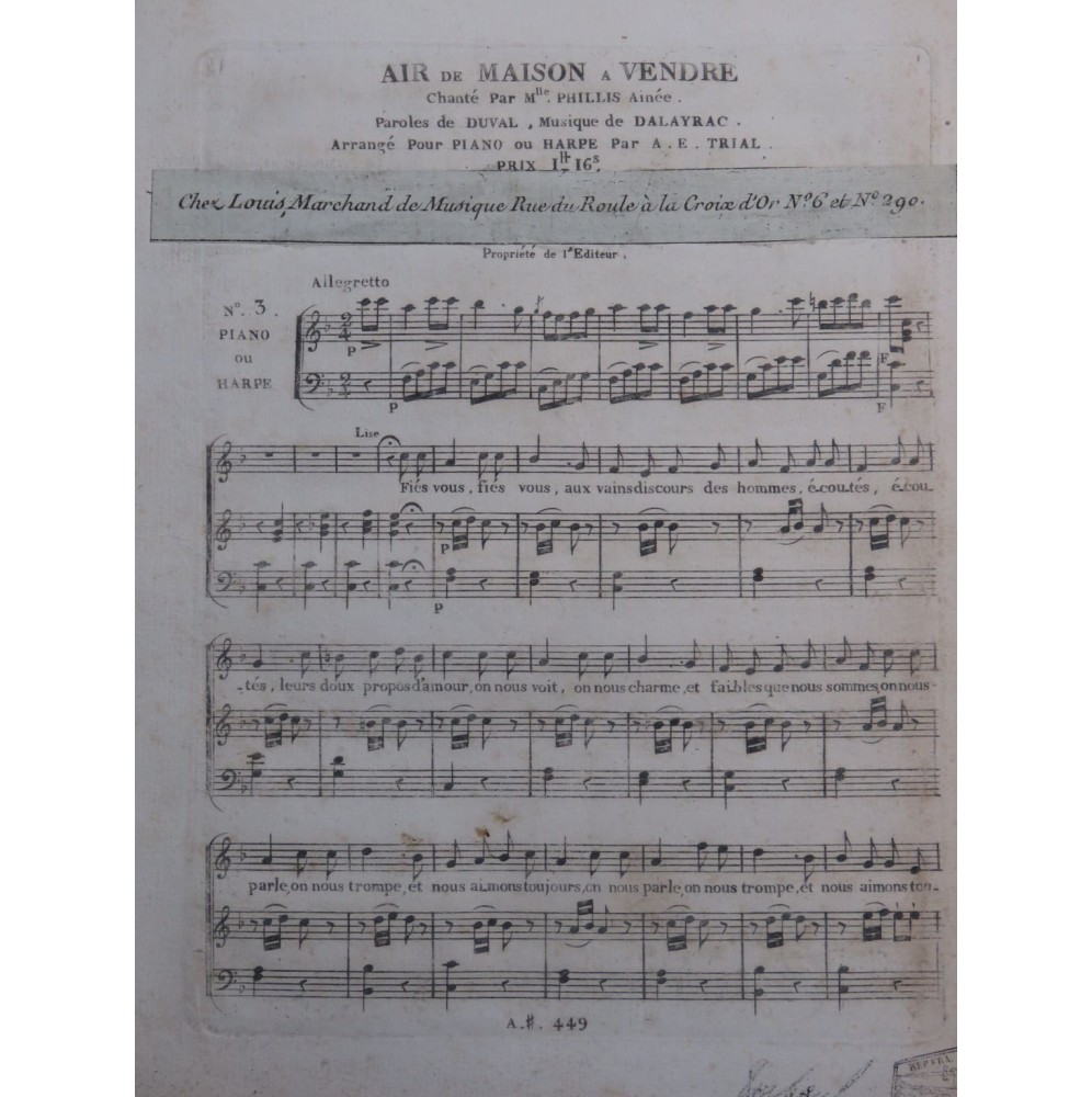 DALAYRAC Nicolas Maison à Vendre No 3 Chant Piano ou Harpe ca1800