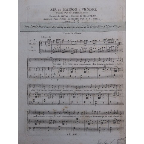 DALAYRAC Nicolas Maison à Vendre No 3 Chant Piano ou Harpe ca1800