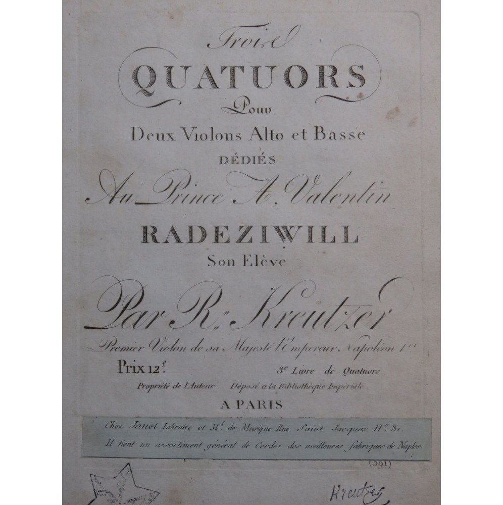 KREUTZER Rodolphe Trois Quatuors op 3 Violon Alto Violoncelle ca1800
