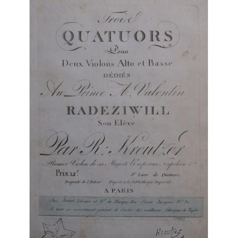 KREUTZER Rodolphe Trois Quatuors op 3 Violon Alto Violoncelle ca1800