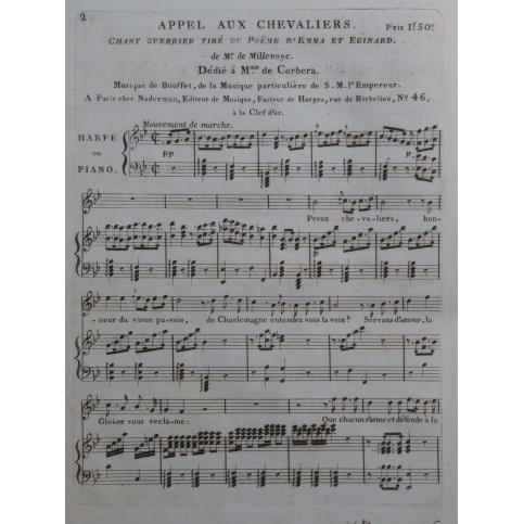 BOUFFET Appel aux Chevaliers Chant Piano ou Harpe ca1820