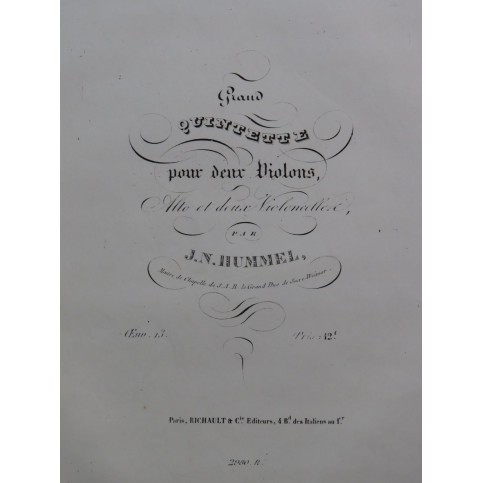 HUMMEL J. N. Grand Quintette op 13 Violon Alto Violoncelle ca1835