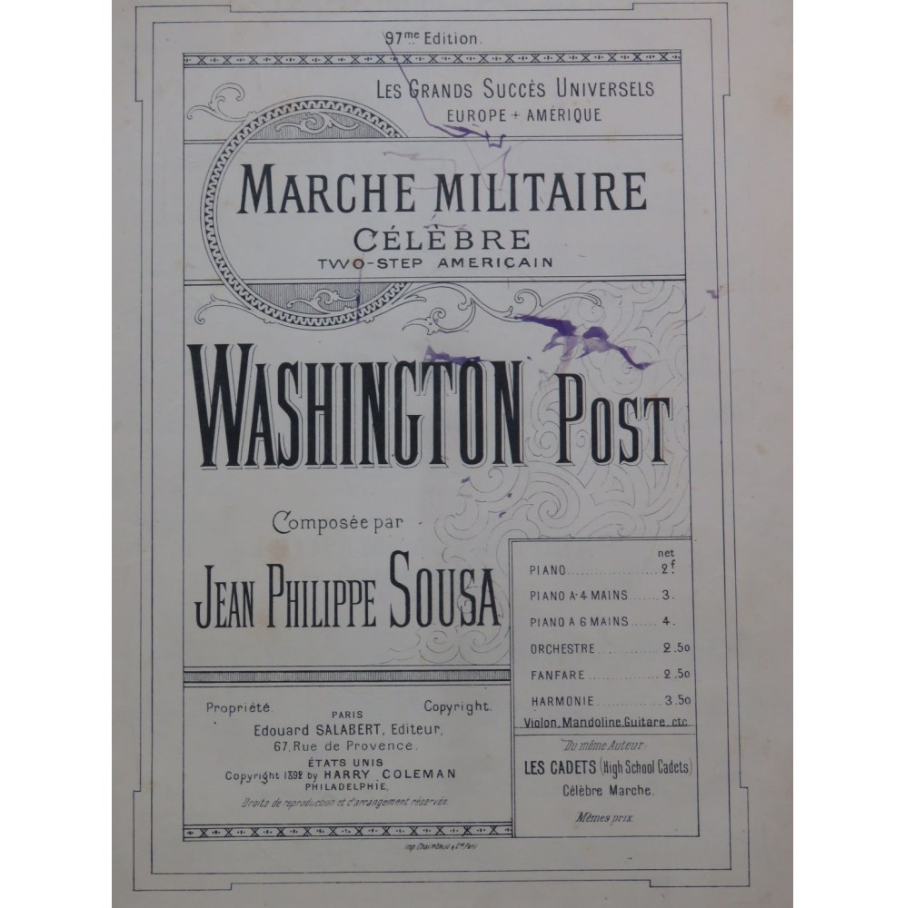 SOUSA John Philip The Washington Post Danse Piano 1892