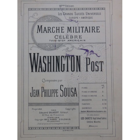SOUSA John Philip The Washington Post Danse Piano 1892