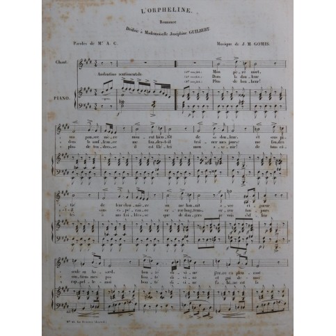 GOMIS José Melchior L'Orpheline Chant Piano ca1845
