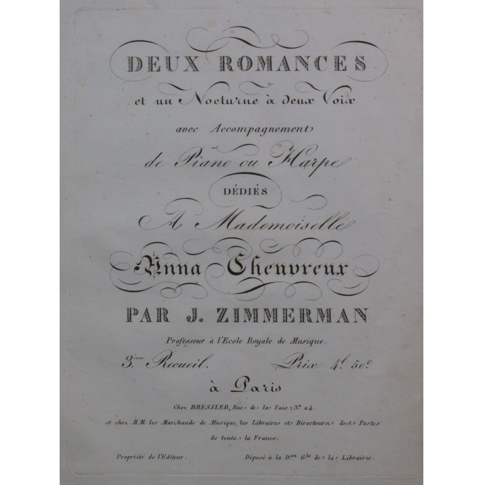 ZIMMERMAN Joseph Deux Romances et un Nocturne Chant Piano ou Harpe ca1820