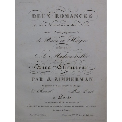 ZIMMERMAN Joseph Deux Romances et un Nocturne Chant Piano ou Harpe ca1820