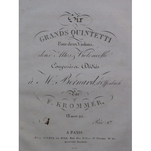 KROMMER Franz Quintette op 25 No 4 Violon Alto Violoncelle ca1820