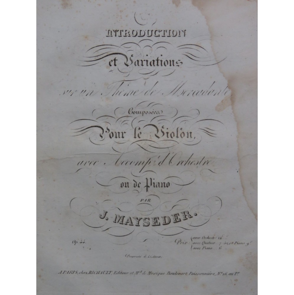 MAYSEDER Joseph Introduction et Variations op 44 Violon ca1820