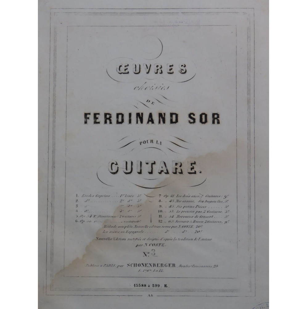 SOR Ferdinand 26 Etudes 3e Livre Guitare ca1850