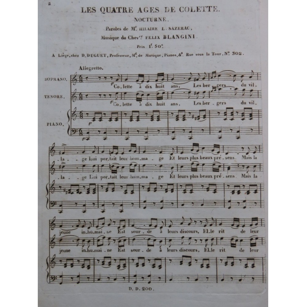 BLANGINI Félix Les Quatre Ages de Colette Chant Piano ca1820