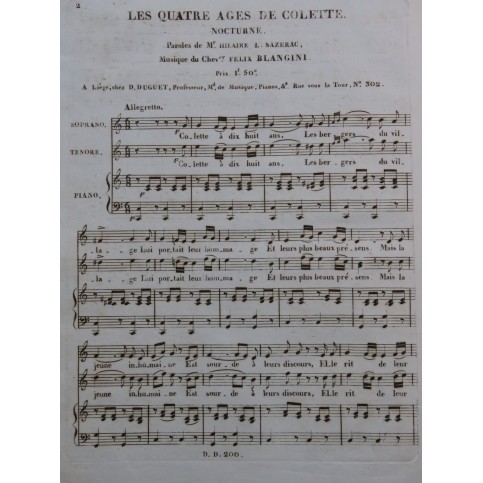 BLANGINI Félix Les Quatre Ages de Colette Chant Piano ca1820