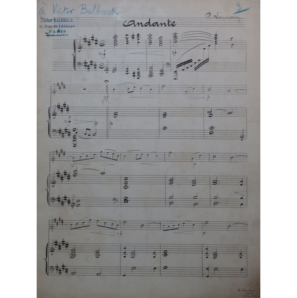 LANDORMY Paul Andante Manuscrit Piano Violon