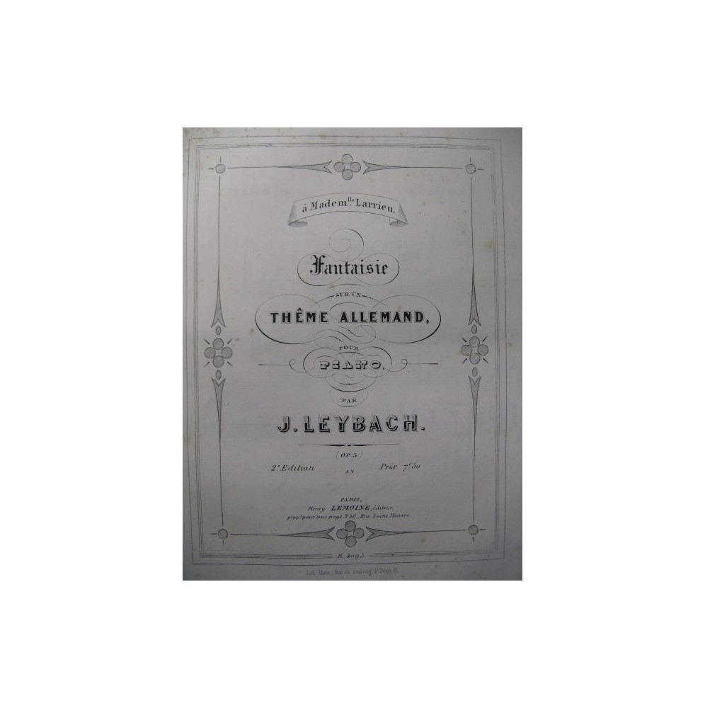 LEYBACH J. Fantaisie Thême Allemand op 5 Piano 1855