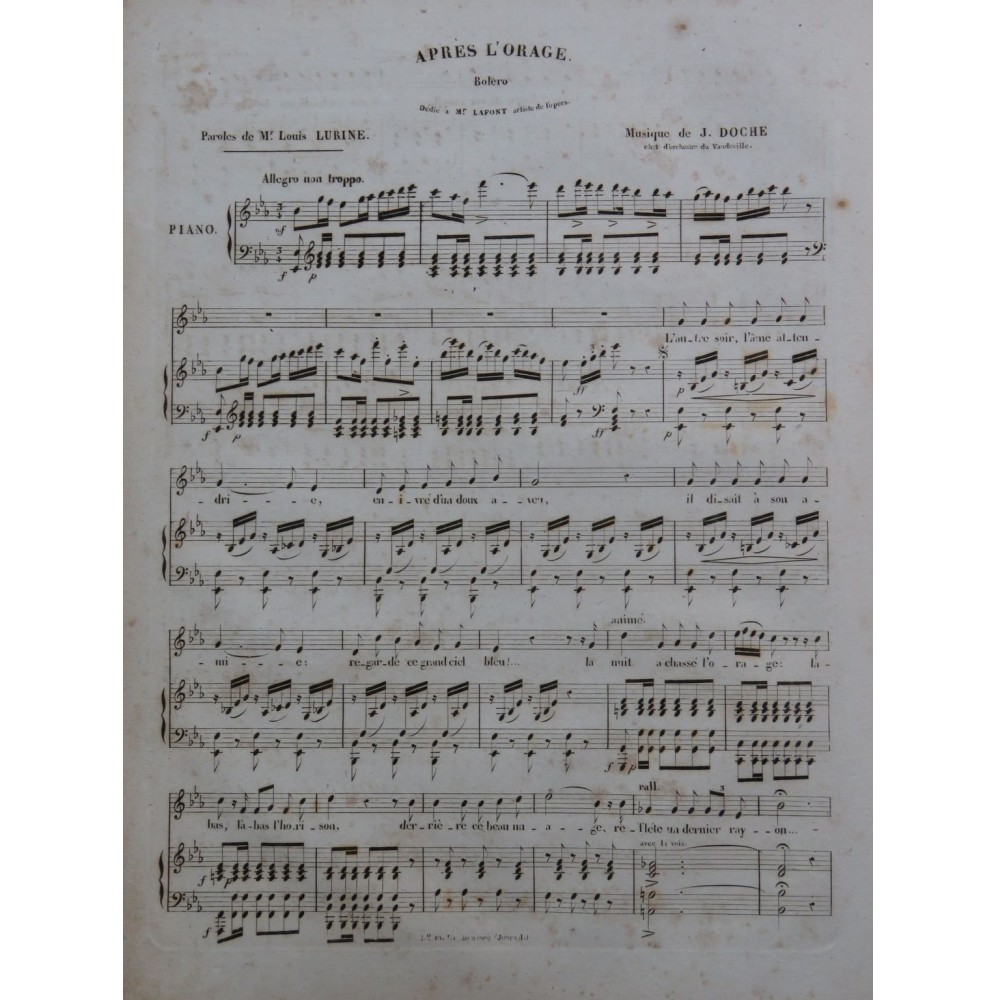 DOCHE J. D. Après l'orage Chant Piano ca1835