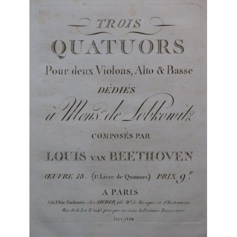 BEETHOVEN Trois Quatuors op 18 Livraison 1 Violon Alto Violoncelle ca1820