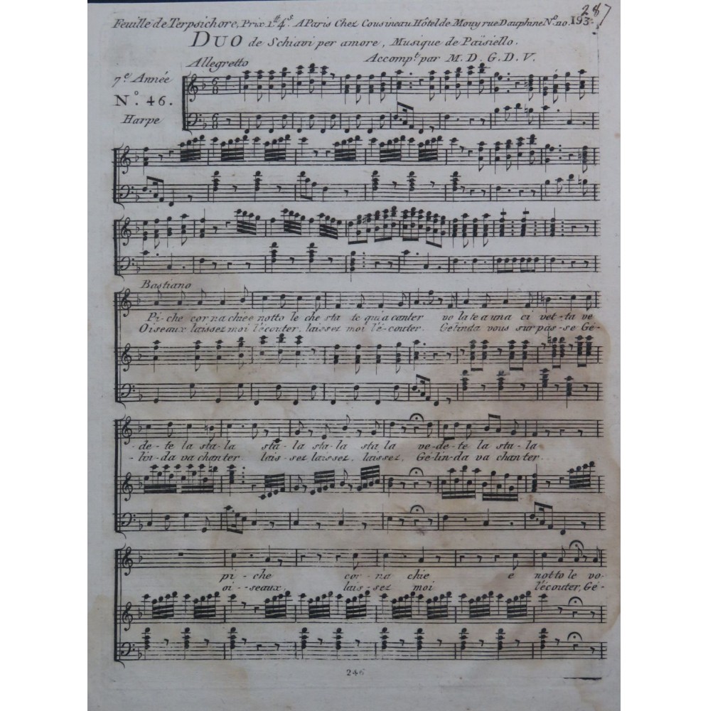 PAISIELLO Giovanni Duo de Schiavi per Amore Chant Harpe ca1800