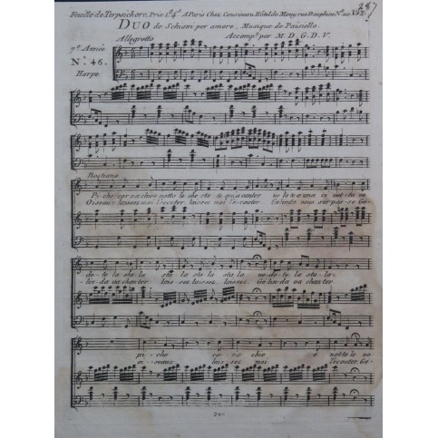 PAISIELLO Giovanni Duo de Schiavi per Amore Chant Harpe ca1800