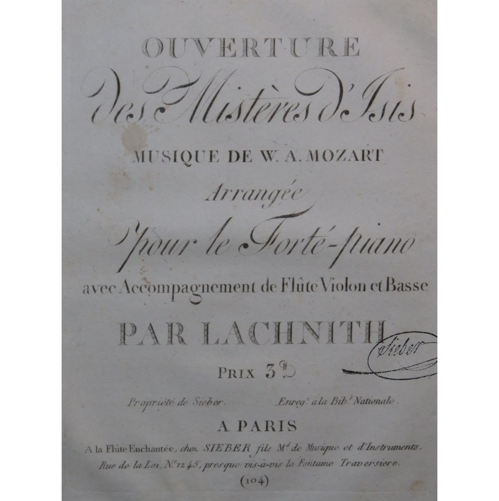 MOZART W. A. Les Mystères d'Isis Ouverture Piano ca1810