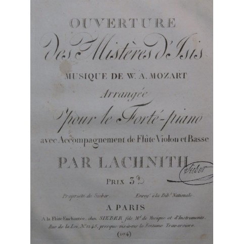 MOZART W. A. Les Mystères d'Isis Ouverture Piano ca1810