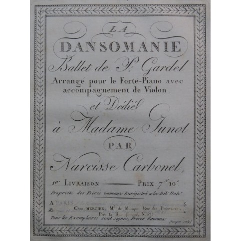 MÉHUL La Dansomanie Ballet Carbonel 1ère Partie Piano ca1800