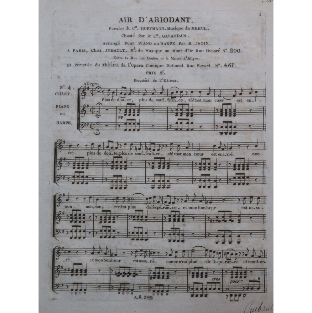 MÉHUL Ariodant No 4 Air Chant Piano ou Harpe ca1799