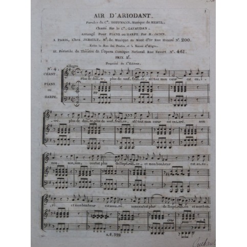 MÉHUL Ariodant No 4 Air Chant Piano ou Harpe ca1799