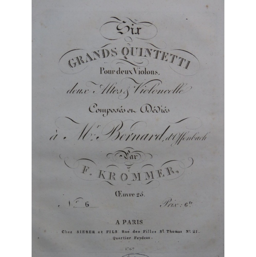 KROMMER Franz Quintette op 25 No 6 Violon Alto Violoncelle ca1820
