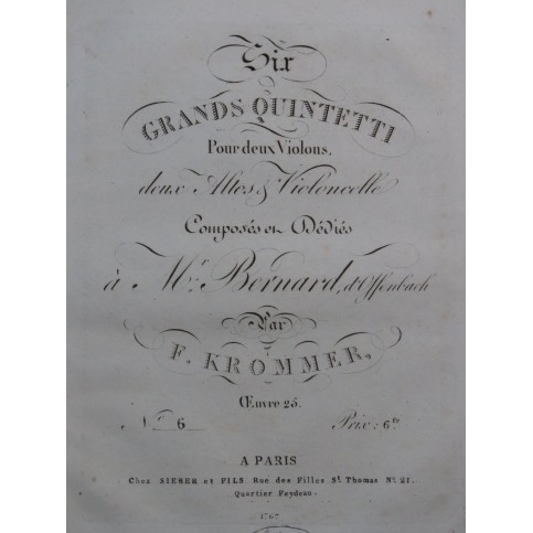 KROMMER Franz Quintette op 25 No 6 Violon Alto Violoncelle ca1820