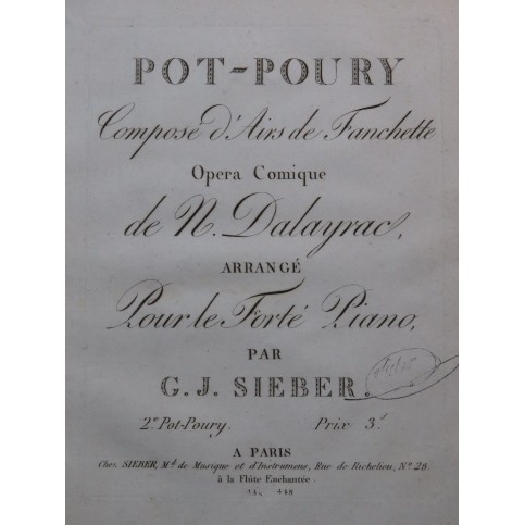 SIEBER G. J. Pot-pourri No 2 Airs de Fanchette Dalayrac Piano ca1800