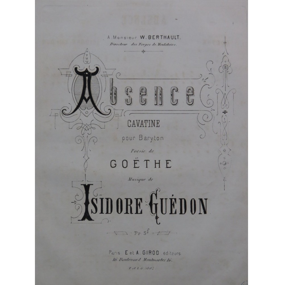 GUÉDON Isidore Absence Chant Piano ca1880