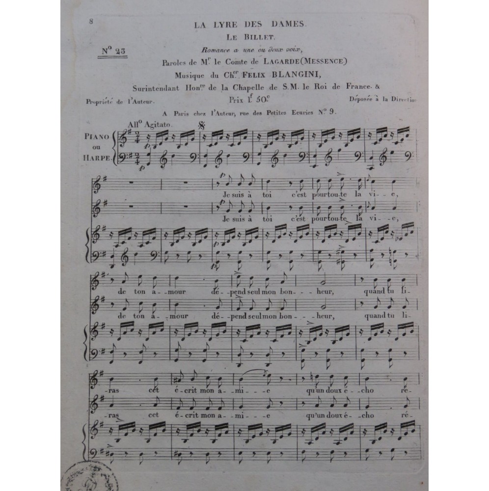 BLANGINI Félix Le Billet Chant Piano ou Harpe ca1820
